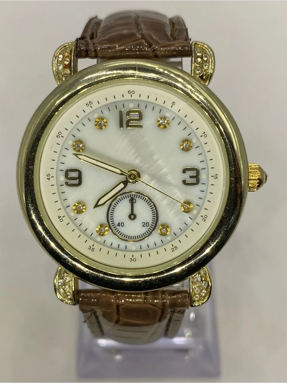 Men’s ^^^ Gold-Tone *** Iced  Crystal Accent Watch ^^^ Tan  Brown Leather Strap